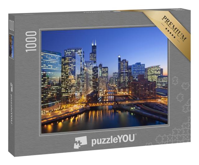 Puzzle 1000 Teile „Chicago Downtown und Chicago River mit Brücken bei Sonnenuntergang“