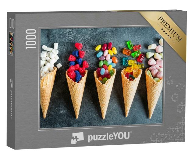 Puzzle 1000 Teile „Waffeltüten mit bunten Süßigkeiten im Sommer“