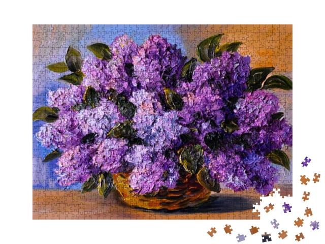 Puzzle 1000 Teile „Ölgemälde: Ein Blumenstrauß aus lila Flieder“