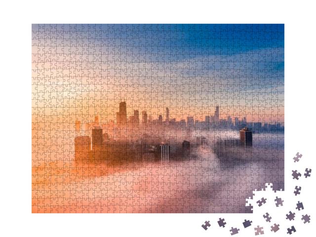 Puzzle 1000 Teile „Nebeliger Sonnenaufgang mit Chicagoer Skyline“