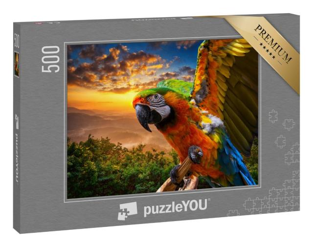 Puzzle 500 Teile „Prächtige Farben der Natur: Ara im Sonnenuntergang“