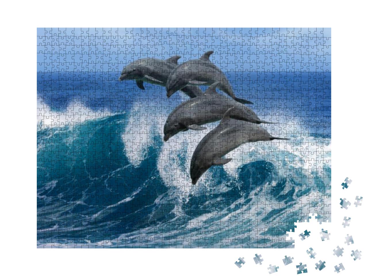 Puzzle 1000 Teile „Vier schöne Delphine springen über brechende Wellen, Hawaii“
