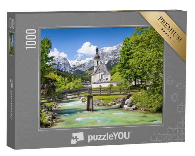Puzzle 1000 Teile „Malerische Berglandschaft mit Pfarrkirche St. Sebastian im Dorf Ramsau“