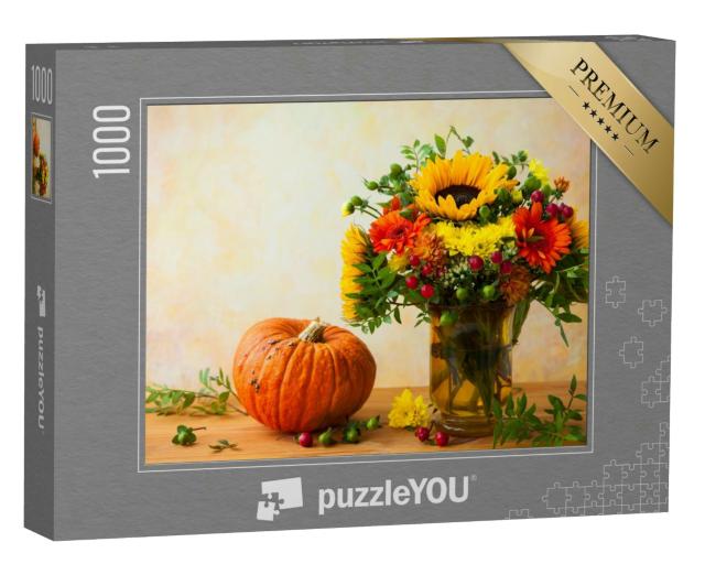 Puzzle 1000 Teile „Herbststillleben mit Blumen und Kürbis“