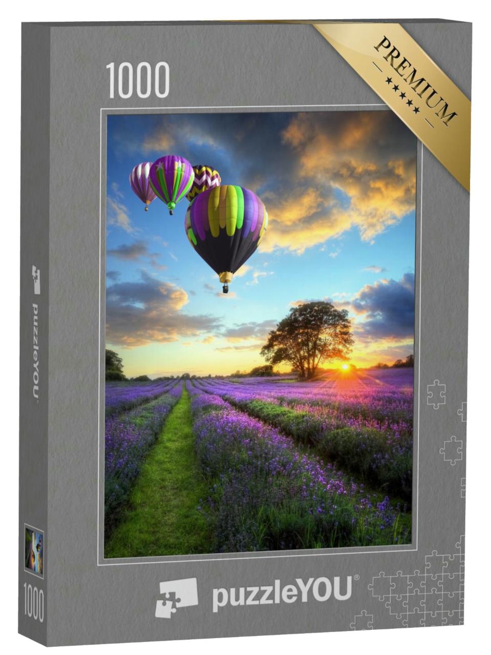 Puzzle 1000 Teile „Heißluftballons über einem Lavendelfeld im Abendlicht“