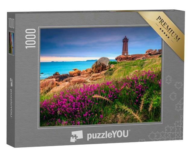 Puzzle 1000 Teile „Leuchtturm und Blumen im Sonnenuntergang, Bretagne, Frankreich“