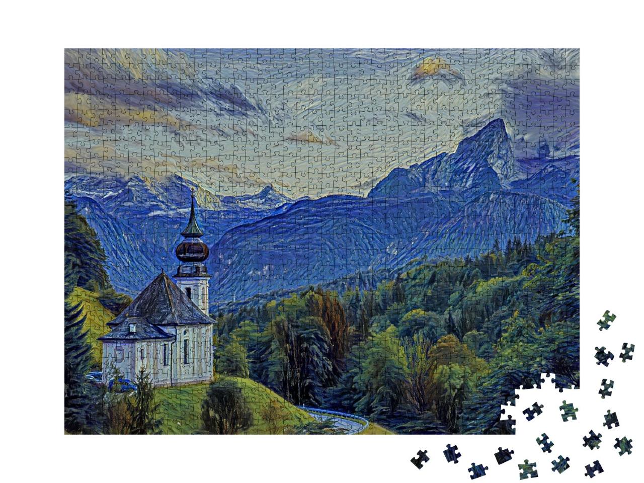 Puzzle 1000 Teile „im Kunst-Stil von van Gogh, Sternennacht - Watzmann mit Kirche Maria Gern“