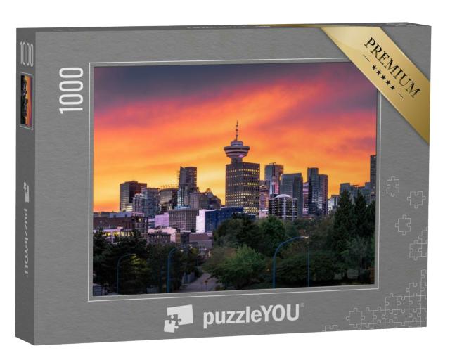 Puzzle 1000 Teile „Farbenfroher Sonnenuntergang hinter der Skyline  von Vancouver“