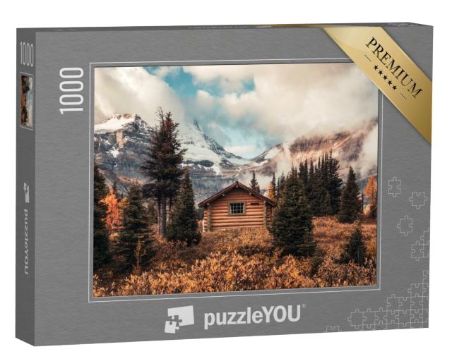 Puzzle 1000 Teile „Holzhütte auf dem Assiniboine-Berg im Herbstwald, Kanada“