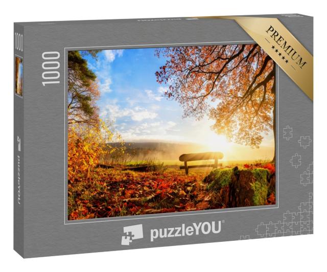 Puzzle 1000 Teile „Eine Holzbank zum Ausruhen in herbstlicher Landschaft“
