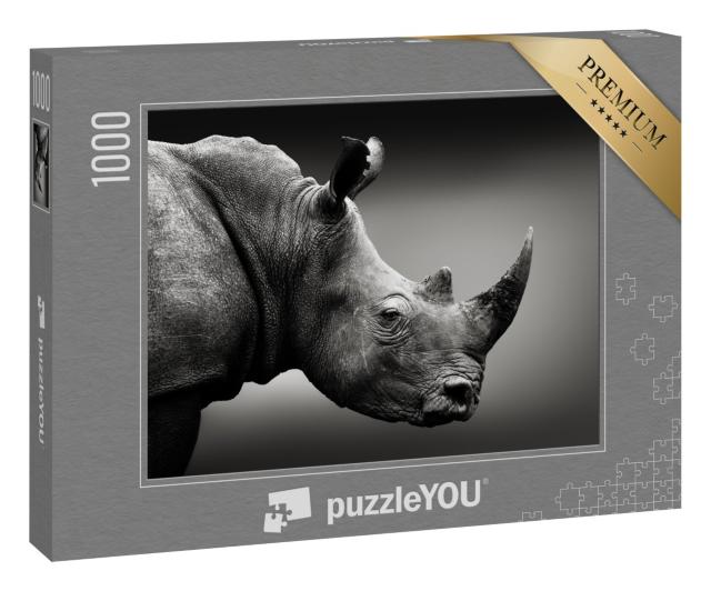 Puzzle 1000 Teile „Hochaufmerksames Nashorn in Schwarz-Weiß, Südafrika“
