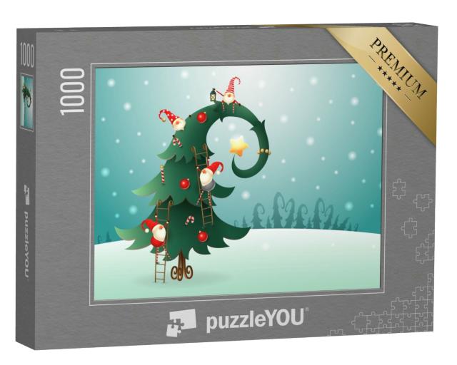 Puzzle 1000 Teile „Geschmückter Weihnachtsbaum mit Wichteln“