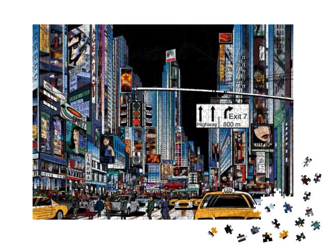 Puzzle 1000 Teile „Vektor-Illustration einer Straße in New York City bei Nacht“