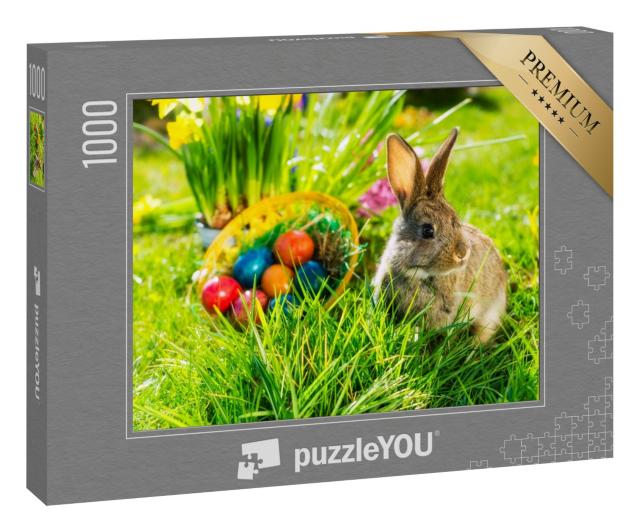 Puzzle 1000 Teile „Süßer Osterhase mit Ostereiern auf einer Frühlingswiese“