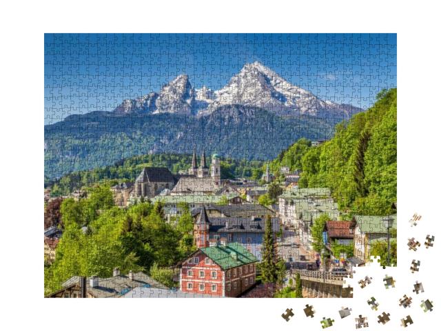 Puzzle 1000 Teile „Historische Stadt Berchtesgaden mit dem Watzmann im Hintergrund, Bayern“