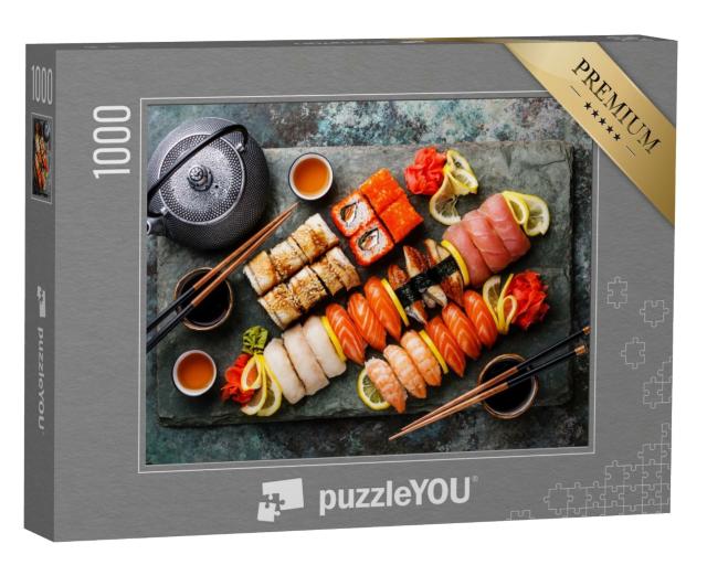 Puzzle 1000 Teile „Sushi-Set Nigiri und Sushi-Rollen mit Tee“