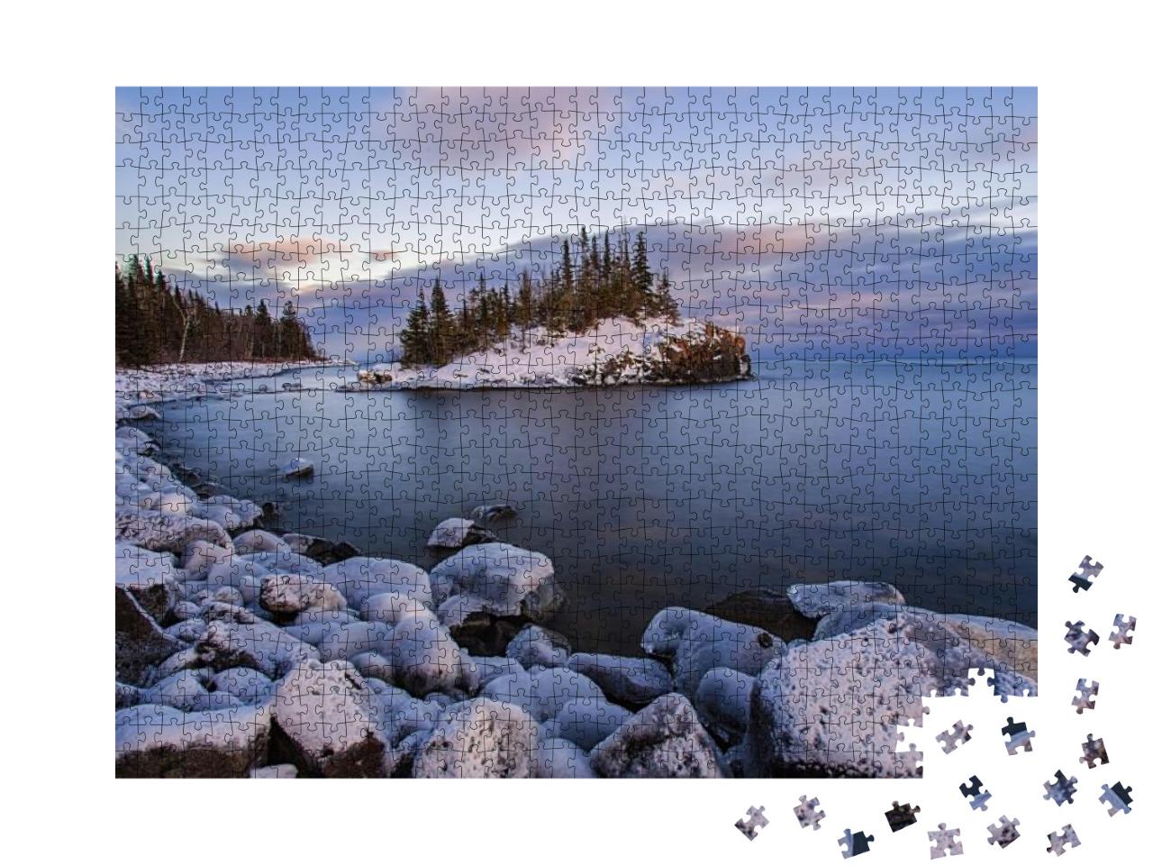 Puzzle 1000 Teile „Schneebedeckte Insel im Lake Superior bei Sonnenuntergang“