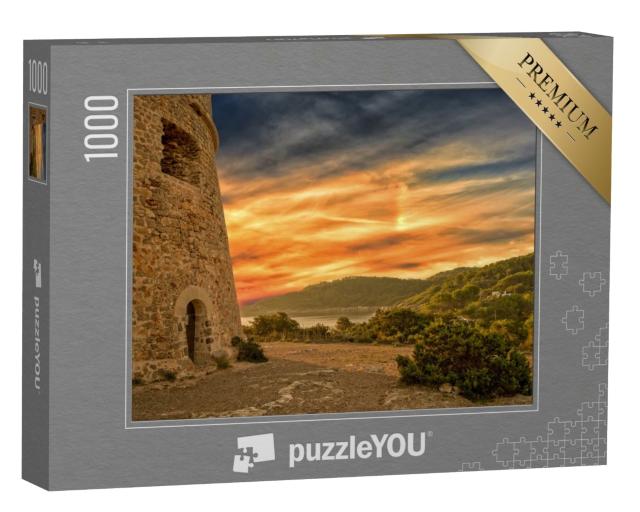 Puzzle 1000 Teile „Turm von Sal Rossa bei Sonnenaufgang in Ibiza, Spanien“