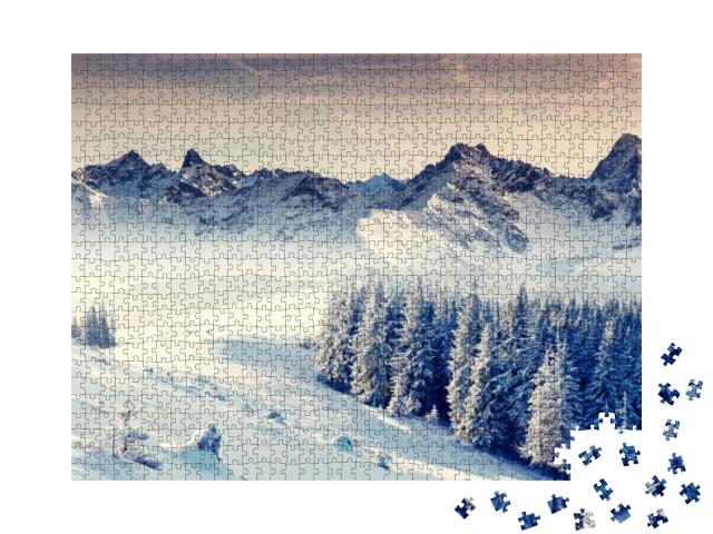 Puzzle 1000 Teile „Fantastische Winterlandschaft. Dramatisch bedeckter Himmel. Kreative Collage. Welt der Schönheit“