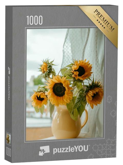 Puzzle 1000 Teile „Sonnenblumen in der Vase auf der Fensterbank“