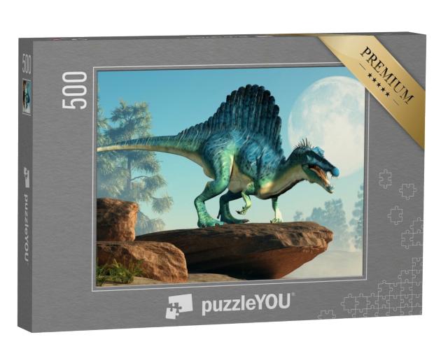 Puzzle 500 Teile „3D-Illustration: ein Spinosaurus auf einer Klippe bei Mondschein“