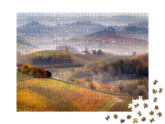 Puzzle 1000 Teile „Sonnenaufgang über dem Barolo und Nebel in der Region Langhe“