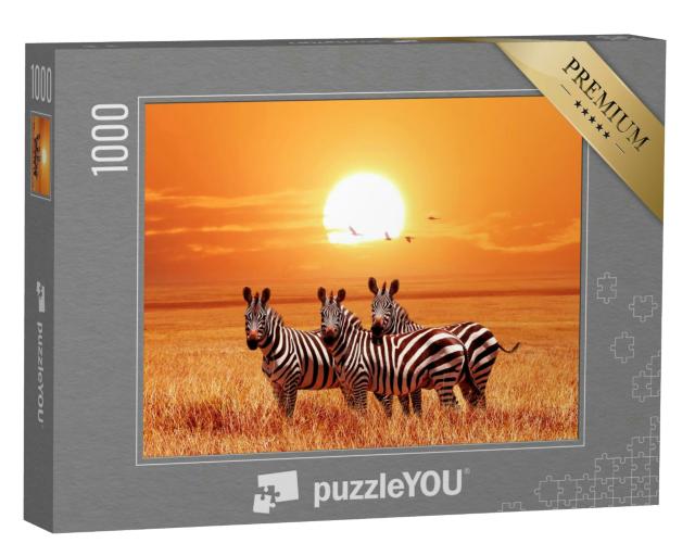 Puzzle 1000 Teile „Zebras im Sonnenuntergang, Serengeti-Nationalpark“