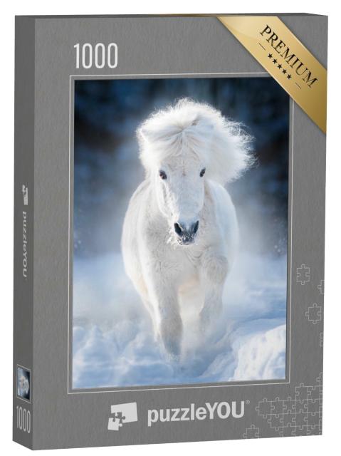 Puzzle 1000 Teile „Weißes flauschiges Shetlandpony im Galopp auf einer Winterwiese“