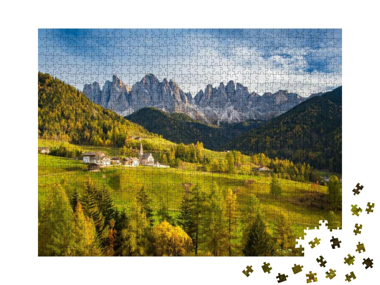 Puzzle 1000 Teile „Bergdorf Santa Maddelana im Abendlicht, Dolomiten“