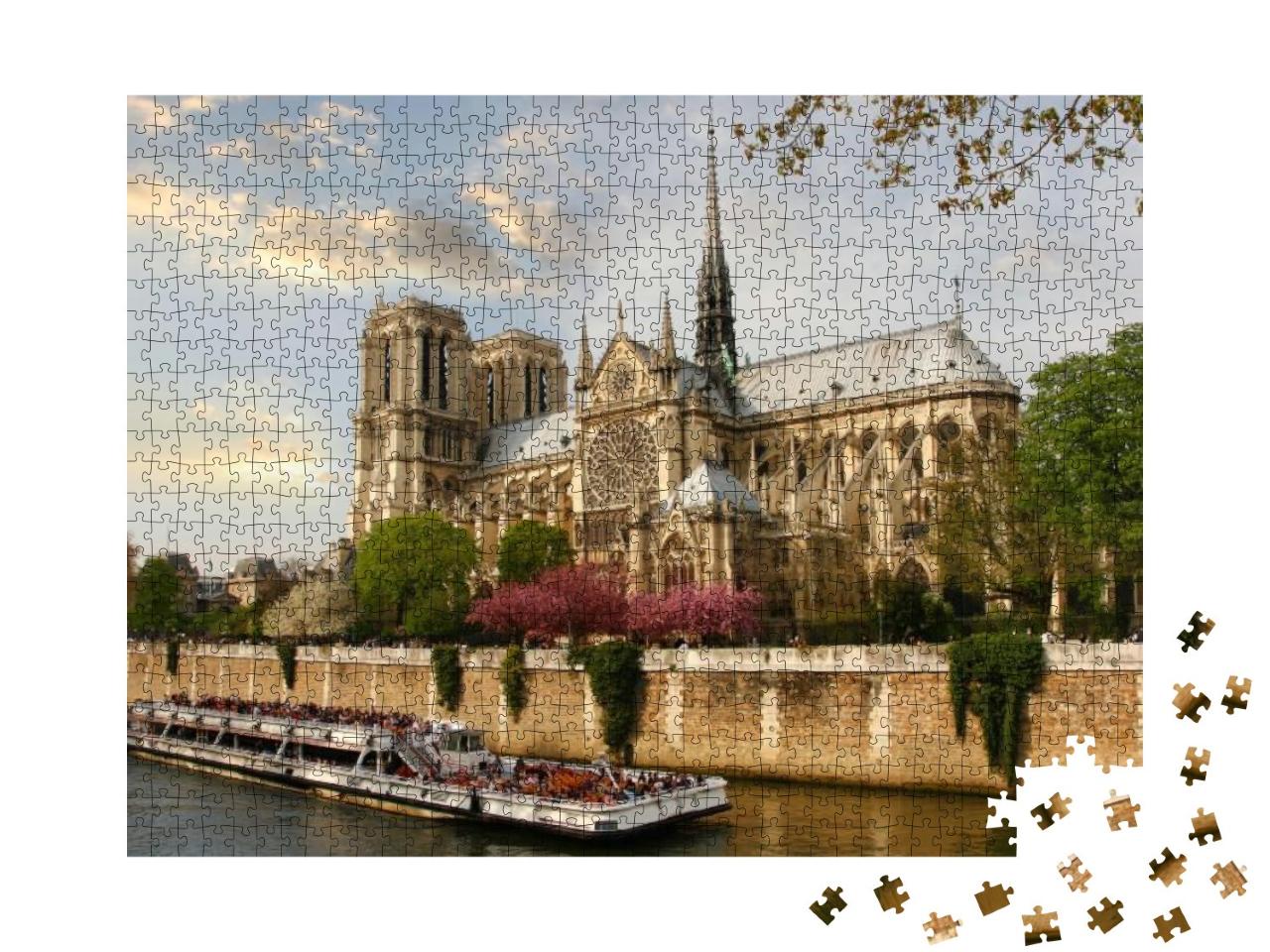 Puzzle 1000 Teile „Paris, Notre Dame mit Boot auf der Seine, Frankreich“