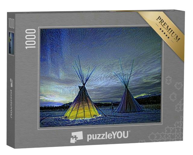 Puzzle 1000 Teile „im Kunst-Stil von van Gogh, Sternennacht - Tipies unter dem Nordlicht in Yukon, Kanada“
