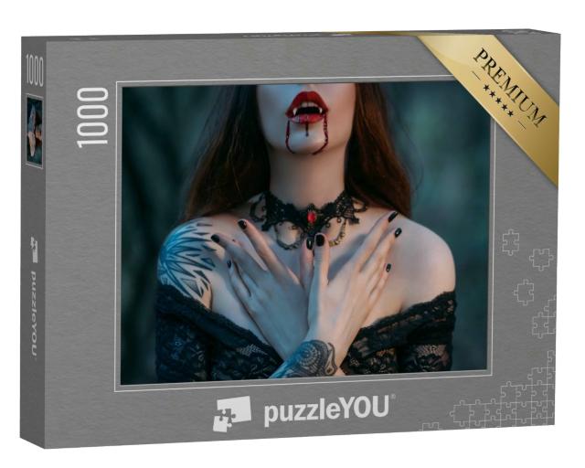 Puzzle 1000 Teile „Nahaufnahme einer Vampirfrau mit Blut“