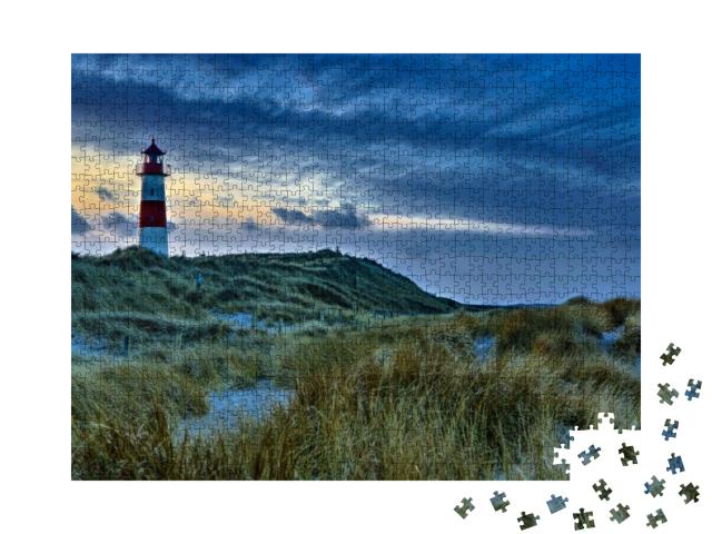 Puzzle 1000 Teile „Sonnenuntergang am Leuchtturm auf Sylt, List, Deutschland“