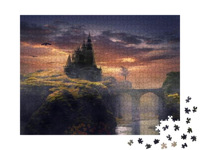 Puzzle 1000 Teile „Digitale Kunst: Düsteres Schloss in der Dämmerung“