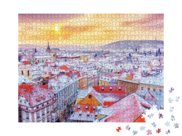 Puzzle 1000 Teile „Prag zur Weihnachtszeit: Blick auf verschneite Dächer“