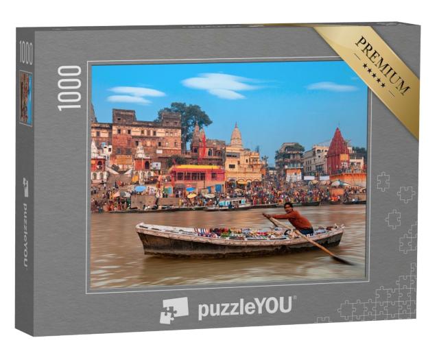 Puzzle 1000 Teile „Ein Blick vom Segelboot auf die heiligen Ghats von Varanasi“
