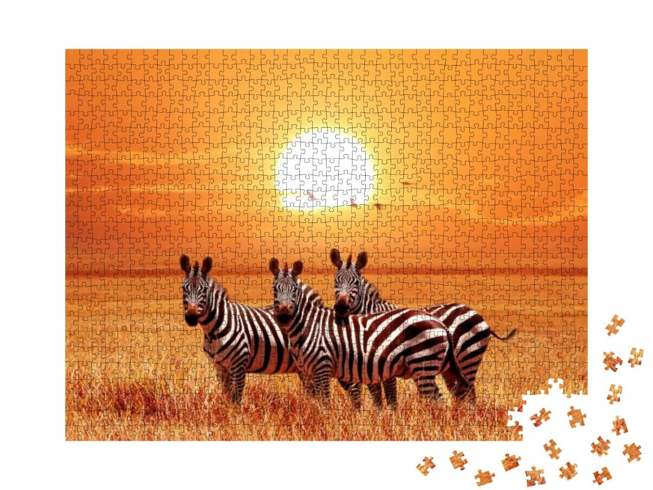 Puzzle 1000 Teile „Zebras im Sonnenuntergang, Serengeti-Nationalpark“