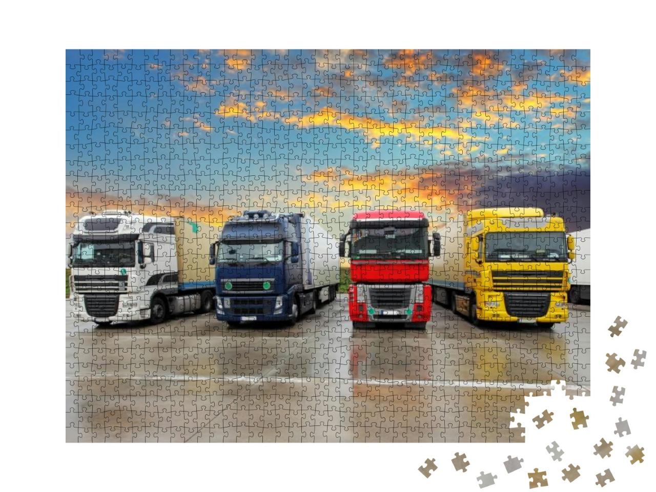 Puzzle 1000 Teile „Mehrere LKWs in verschiedenen Farben auf einem Parkplatz “