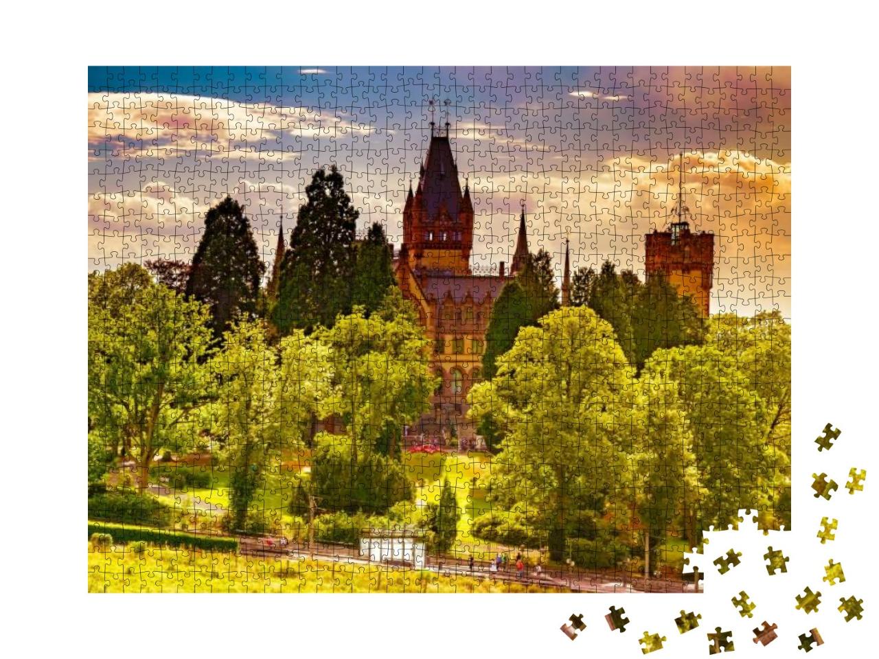 Puzzle 1000 Teile „Sonnenuntergangslandschaft mit Schloss Drachenburg in Königswinter am Rhein“
