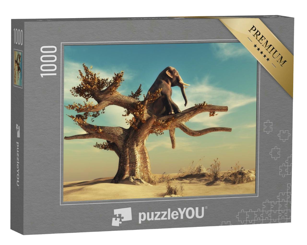 Puzzle 1000 Teile „Trockener Baum mit Elefant, Illustration“