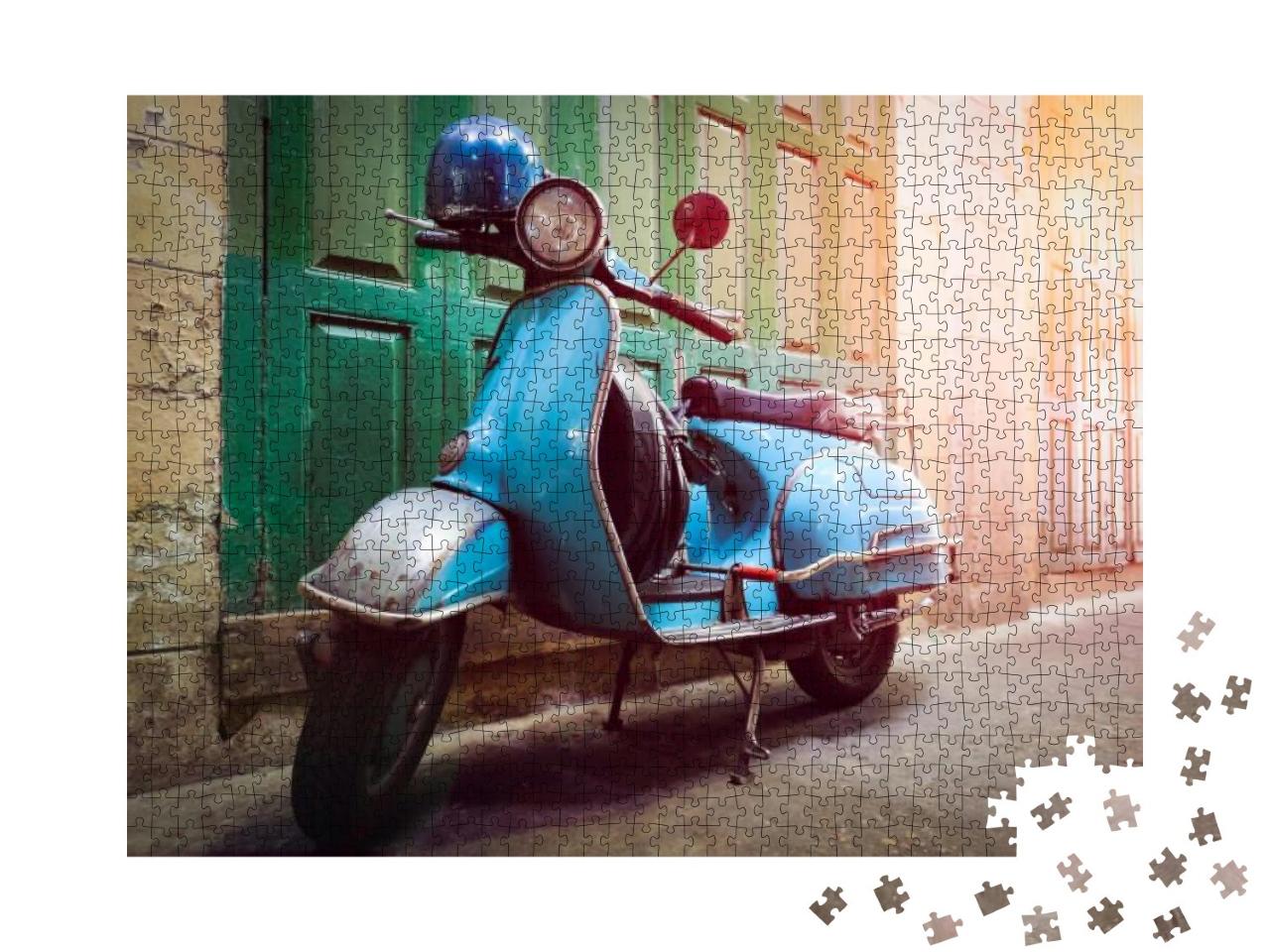 Puzzle 1000 Teile „Oldtimer-Roller steht in einer Gasse im Vintage-Stil“