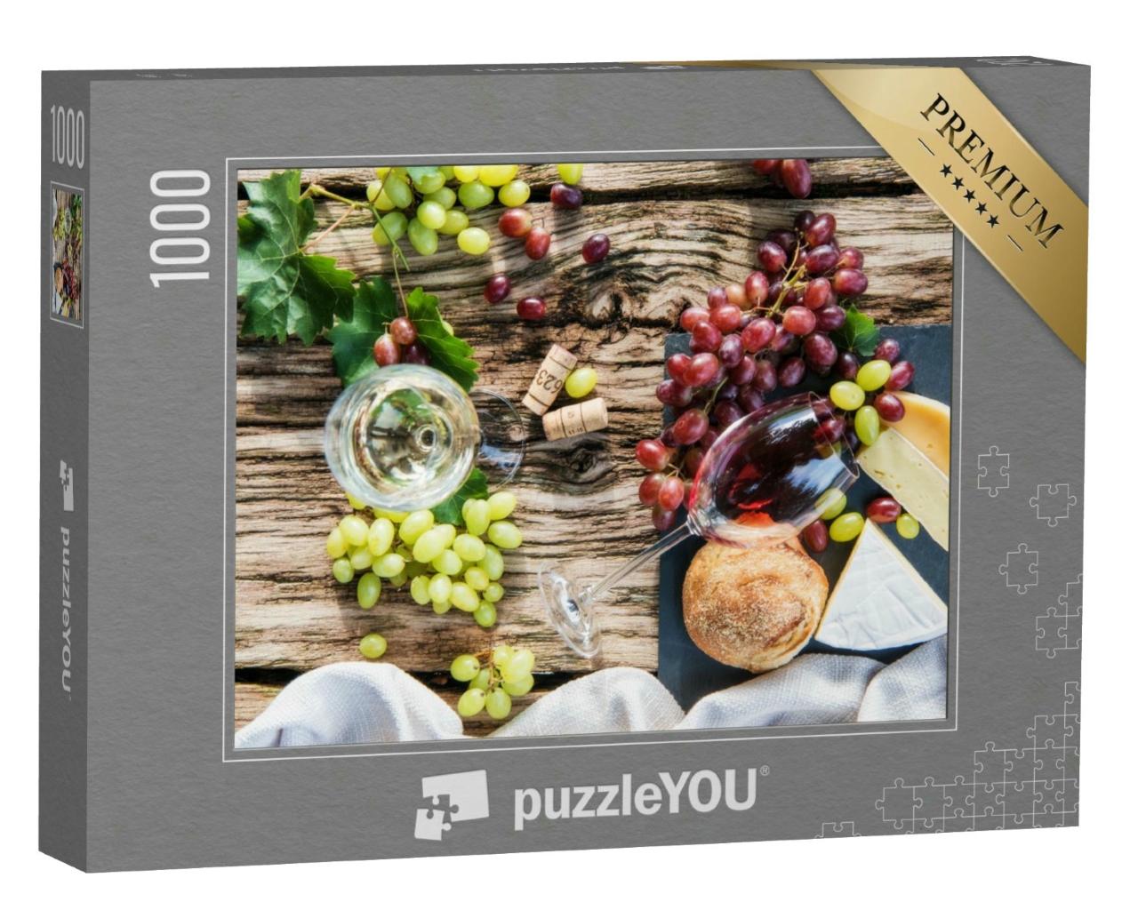 Puzzle 1000 Teile „Weinpicknick mit einem Glas Rotwein, Käse und Trauben“