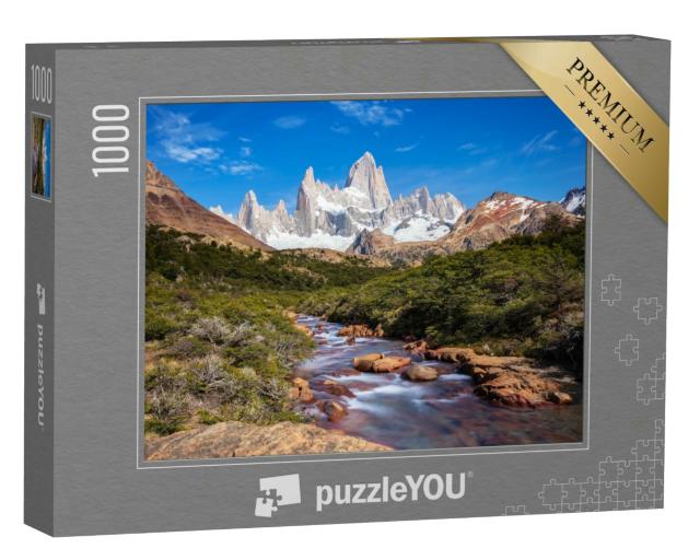 Puzzle 1000 Teile „Aussicht auf den Berg Fitz Roy und den Gletscherfluss, Patagonien, Argentinien“