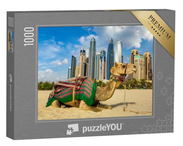 Puzzle 1000 Teile „Kamel vor der Skyline der Dubai Marina, Vereinigte Arabische Emirate“