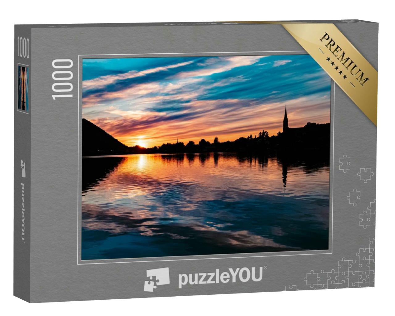 Puzzle 1000 Teile „Glühender Sonnenuntergang am Schliersee, Bayern“