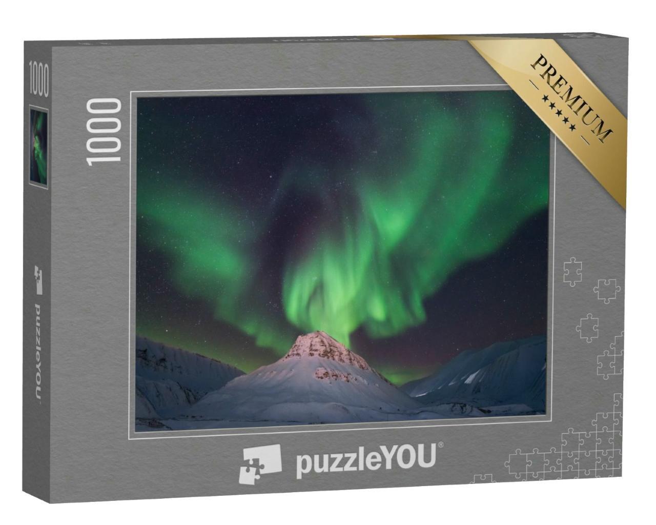 Puzzle 1000 Teile „Das polare Nordlicht in den Bergen von Svalbard, Longyearbyen, Spitzbergen, Norwegen“
