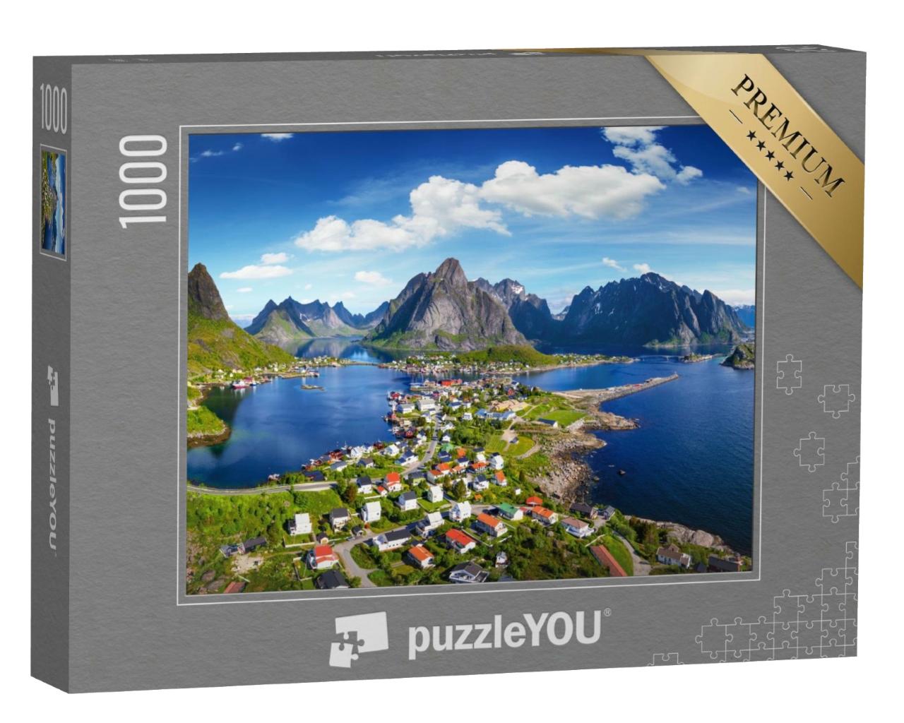 Puzzle 1000 Teile „Dorf Reine unter einem sonnigen, blauen Himmel, Lofoten, Norwegen“