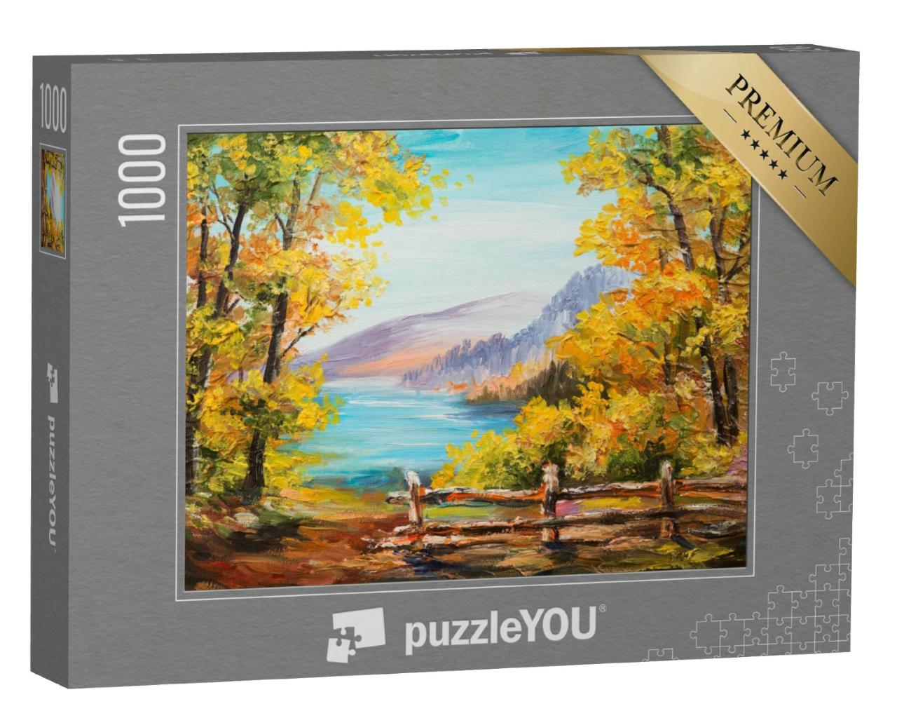 Puzzle 1000 Teile „Ölgemälde: Bunter Herbstwald mit Bergsee“