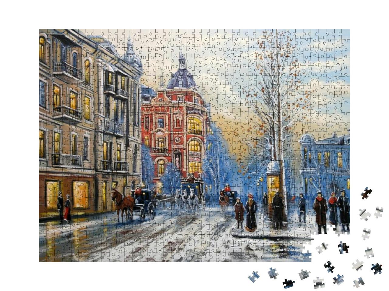 Puzzle 1000 Teile „Ölgemälde einer von Schnee bedeckten Stadt, Kunst“