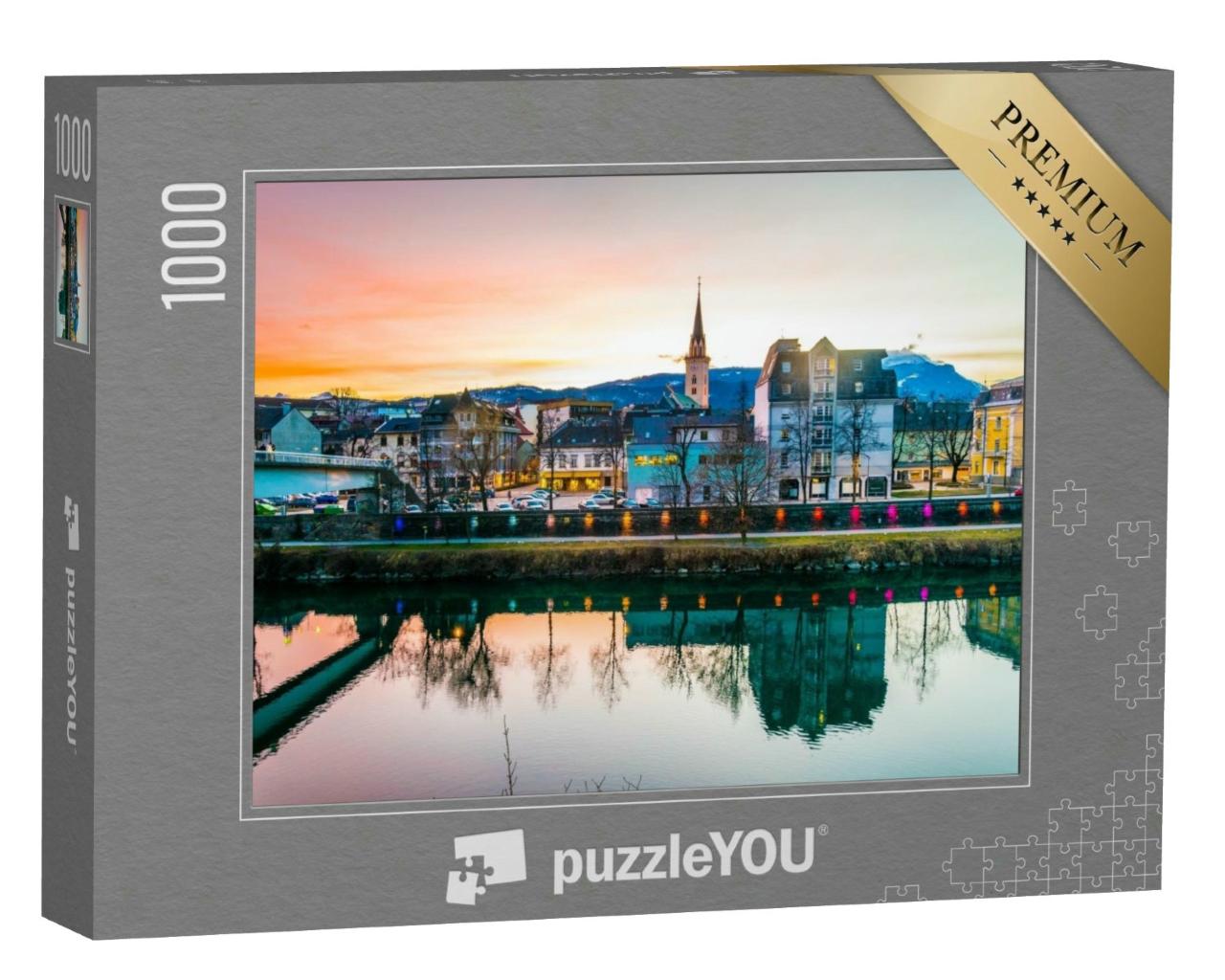 Puzzle 1000 Teile „Foto vom Ufer der Drau bei Sonnenuntergang in Villach, Österreich“